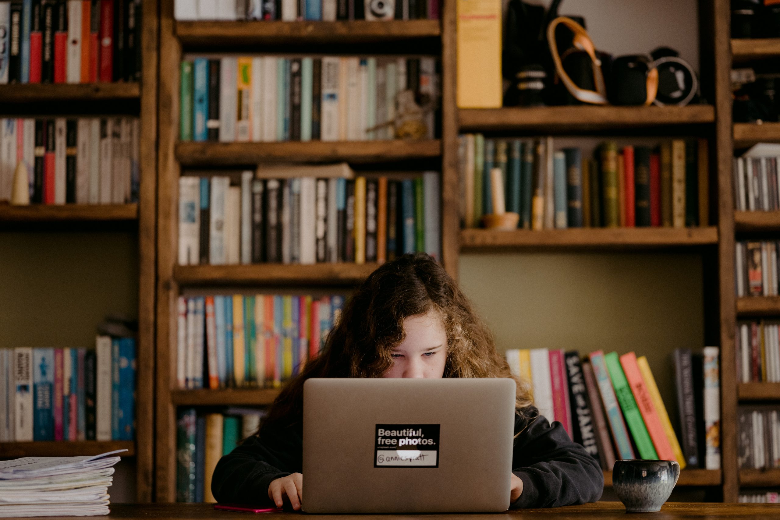 Little Girl Sitting At A Laptop Infront Of A Bookshelf